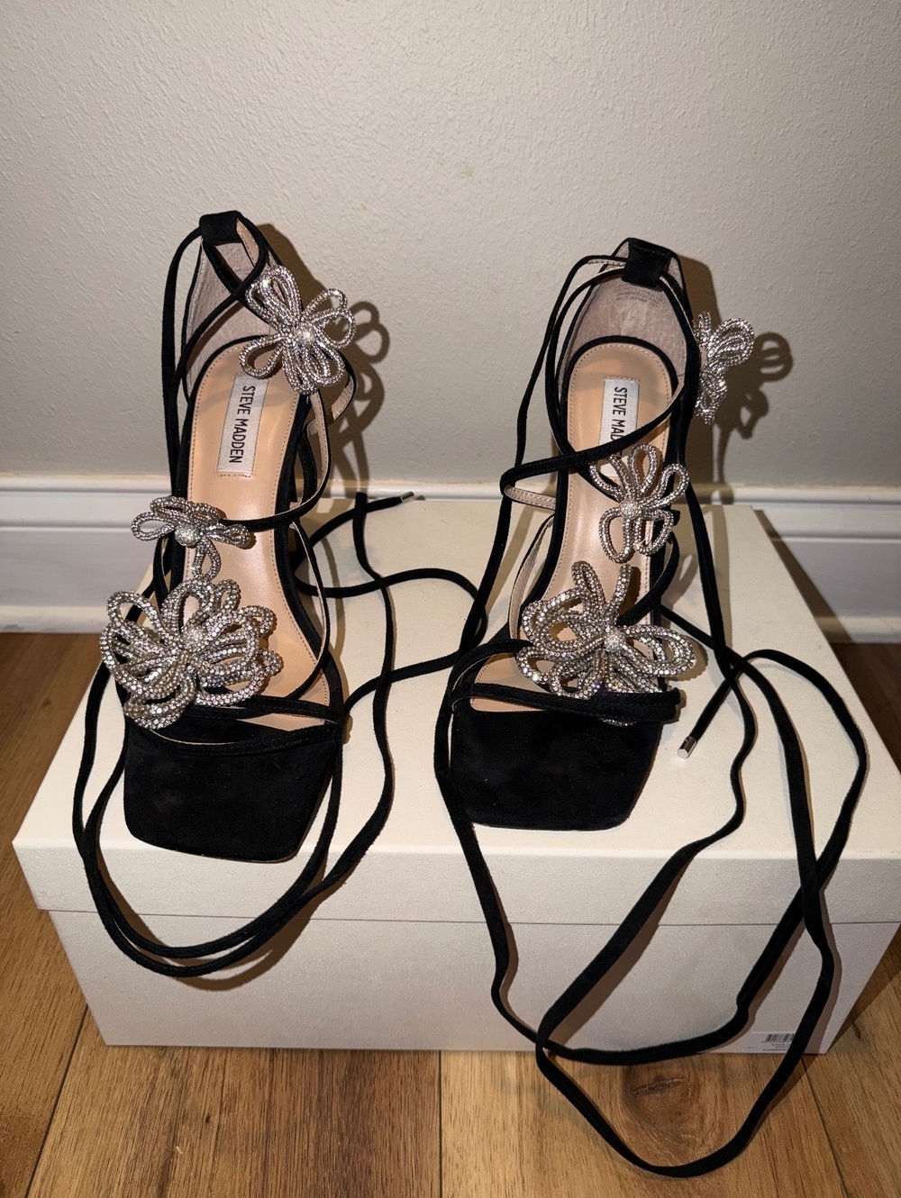 Steve Madden Black Rhinestone Floral Lace Up Stiletto Heels